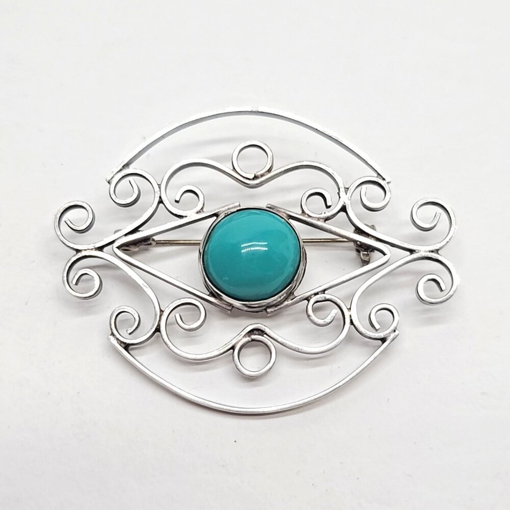 Taxco Mexico Sterling Silver 925 Filigree Eye Brooch Pin Blue Turquoise Cabochon